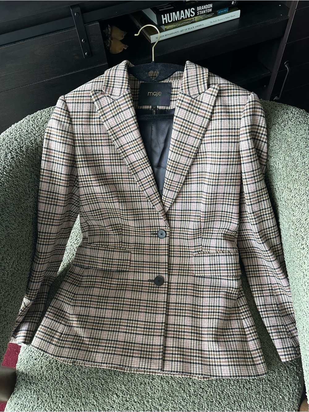 Maje Pink Plaid Tailored Blazer with Subtle Black & Cream Checks